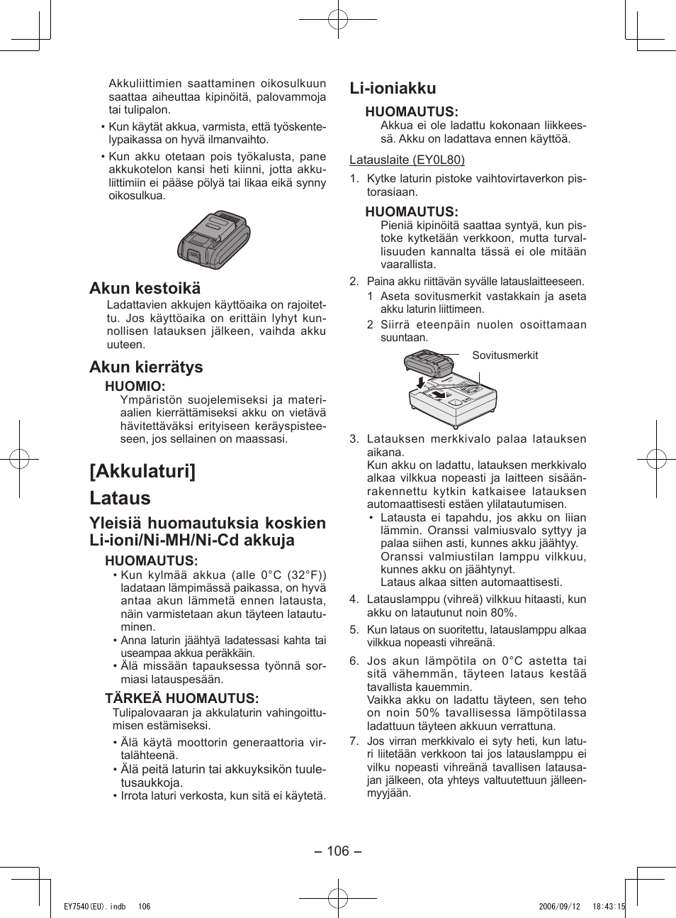Akkulaturi] lataus, Akun kestoikä, Akun kierrätys | Li-ioniakku | Panasonic EY7540 User Manual | Page 106 / 136