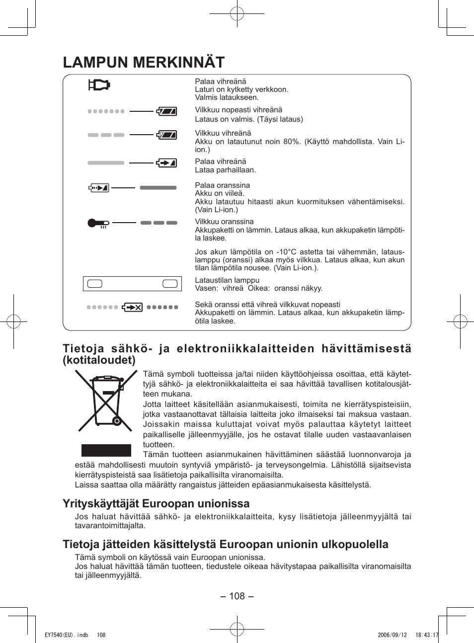 Lampun merkinnät, Yrityskäyttäjät euroopan unionissa | Panasonic EY7540 User Manual | Page 108 / 136