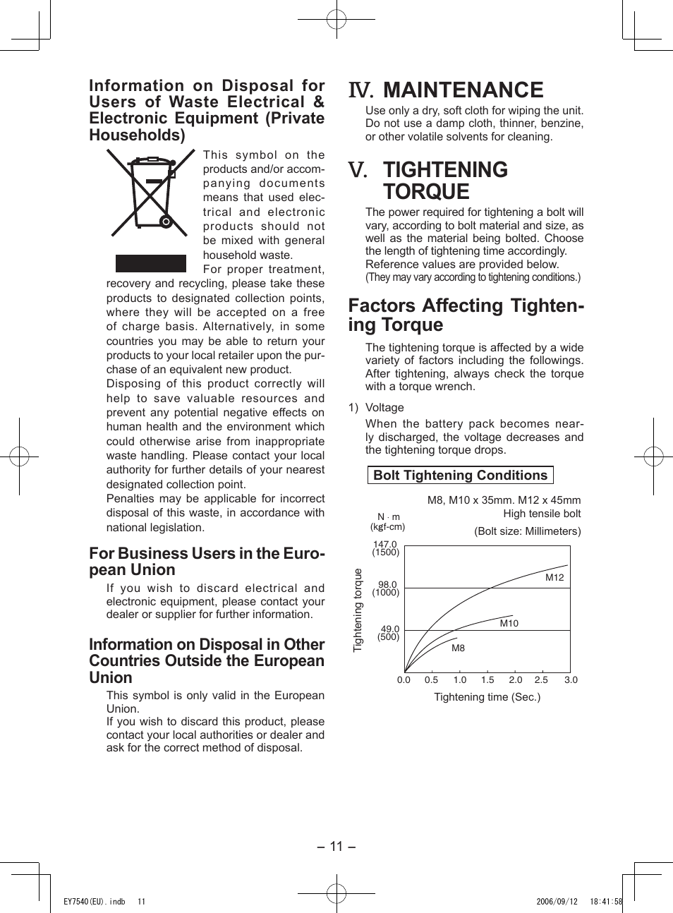 Maintenance, Tightening torque, Factors affecting tighten- ing torque | For business users in the euro- pean union | Panasonic EY7540 User Manual | Page 11 / 136