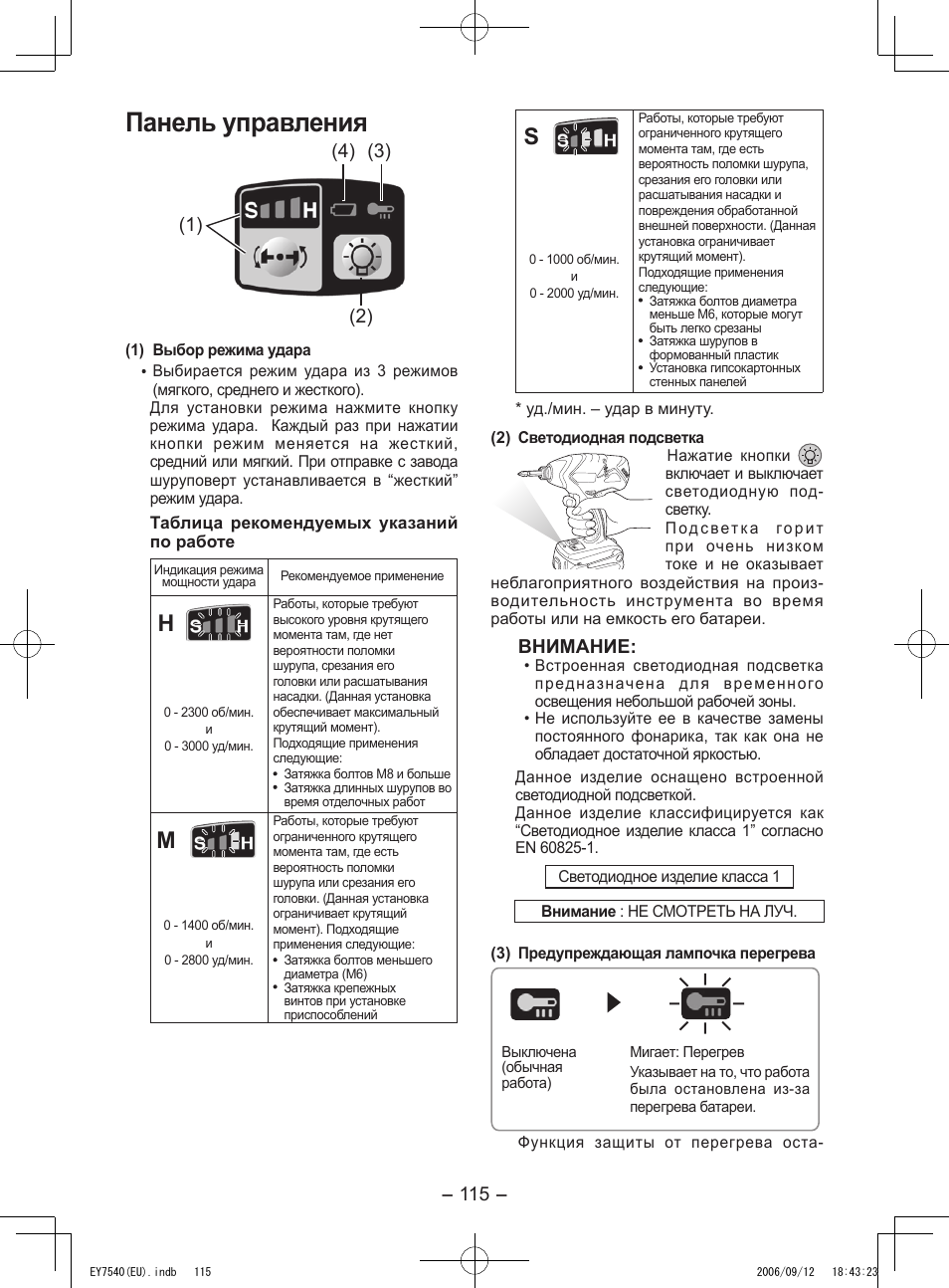 Панель управления, Внимание | Panasonic EY7540 User Manual | Page 115 / 136