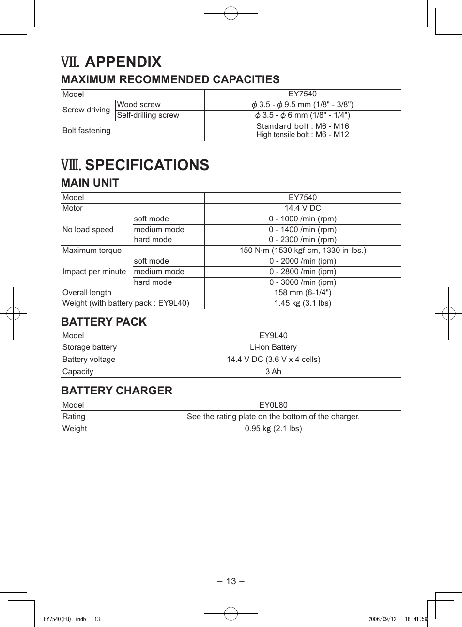 Viii, Appendix, Specifications | Maximum recommended capacities, Main unit, Battery pack, Battery charger | Panasonic EY7540 User Manual | Page 13 / 136