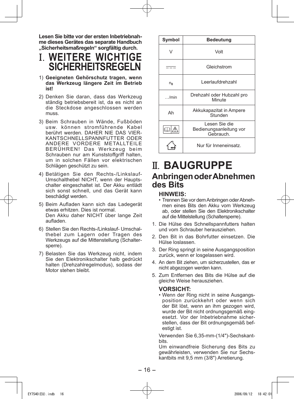 Weitere wichtige sicherheitsregeln, Baugruppe, Anbringen oder abnehmen des bits | Panasonic EY7540 User Manual | Page 16 / 136