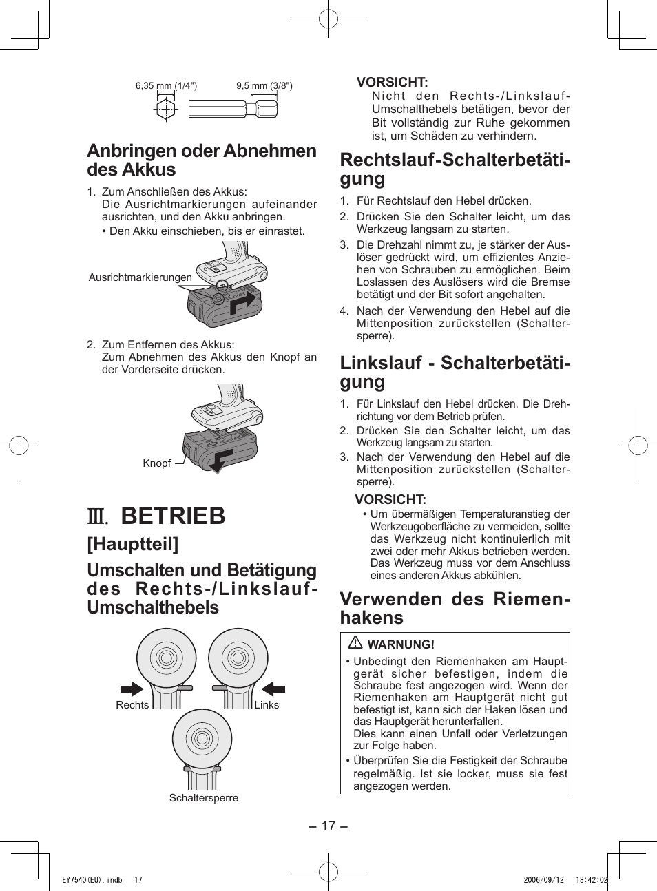 Betrieb, Anbringen oder abnehmen des akkus, Rechtslauf - schalterbetäti- gung | Linkslauf - schalterbetäti- gung, Verwenden des riemen- hakens | Panasonic EY7540 User Manual | Page 17 / 136