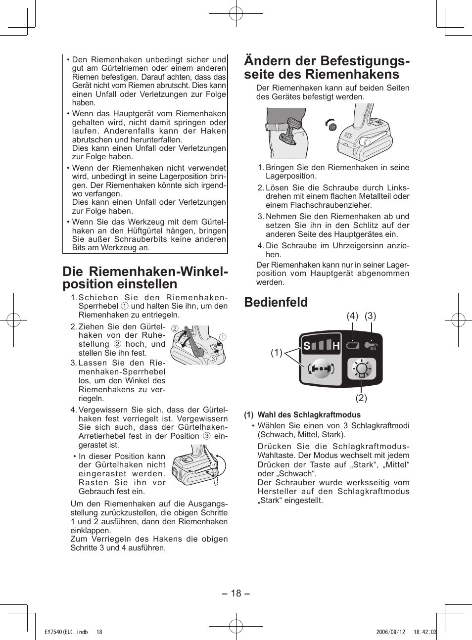 Die riemenhaken-winkel- position einstellen, Ändern der befestigungs- seite des riemenhakens, Bedienfeld | Panasonic EY7540 User Manual | Page 18 / 136