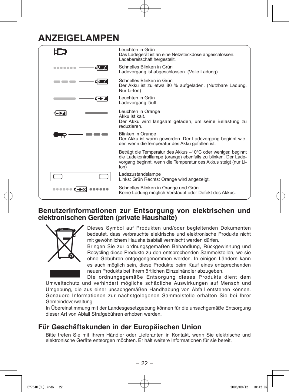 Anzeigelampen, Für geschäftskunden in der europäischen union | Panasonic EY7540 User Manual | Page 22 / 136