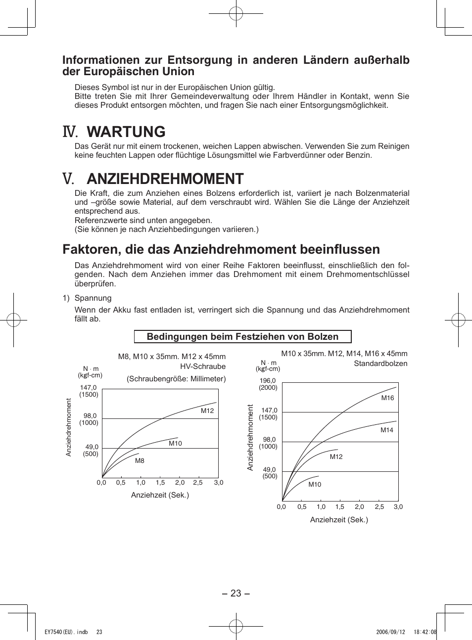 Wartung, Anziehdrehmoment, Faktoren, die das anziehdrehmoment beeinflussen | Panasonic EY7540 User Manual | Page 23 / 136