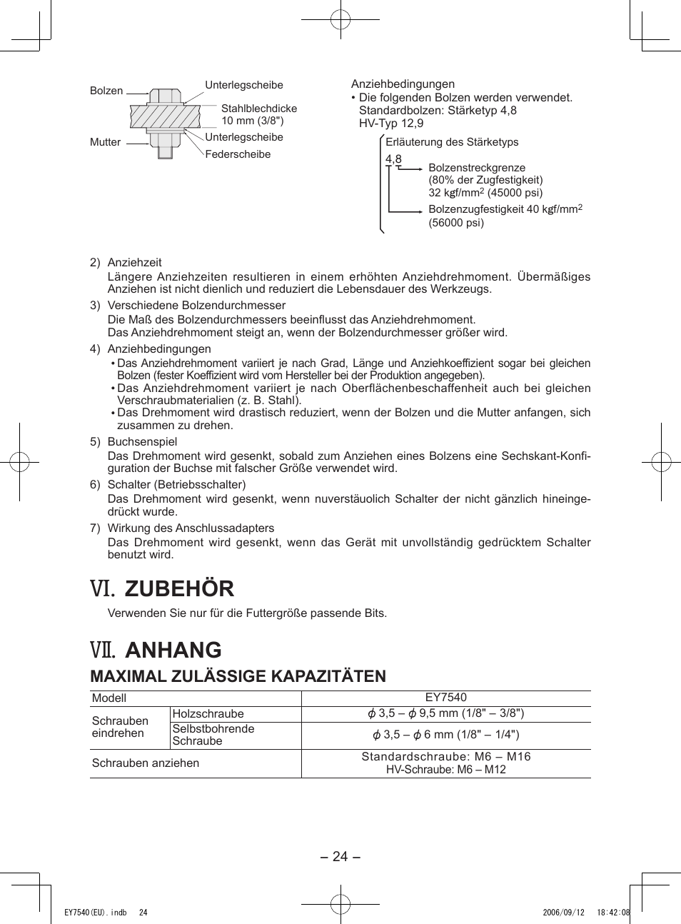 Zubehör, Anhang, Maximal zulässige kapazitäten | Panasonic EY7540 User Manual | Page 24 / 136