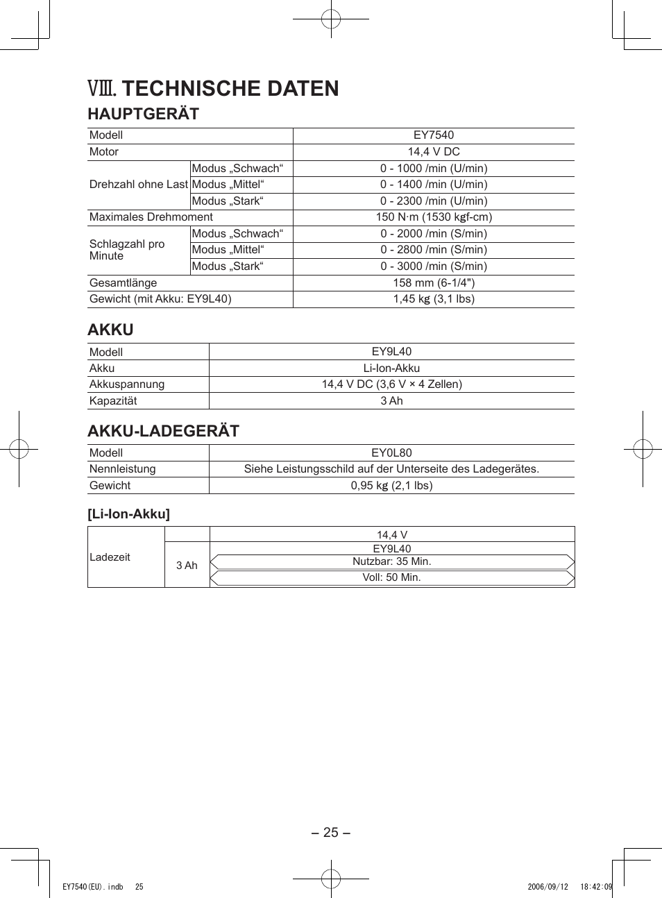 Viii, Technische daten, Hauptgerät | Akku, Akku-ladegerät | Panasonic EY7540 User Manual | Page 25 / 136