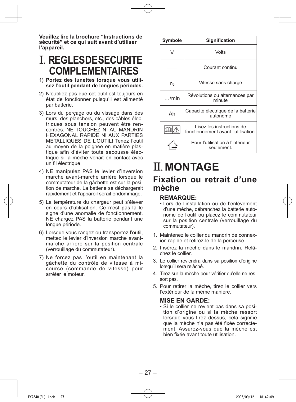 Regles de securite complementaires, Montage, Fixation ou retrait d’une mèche | Panasonic EY7540 User Manual | Page 27 / 136