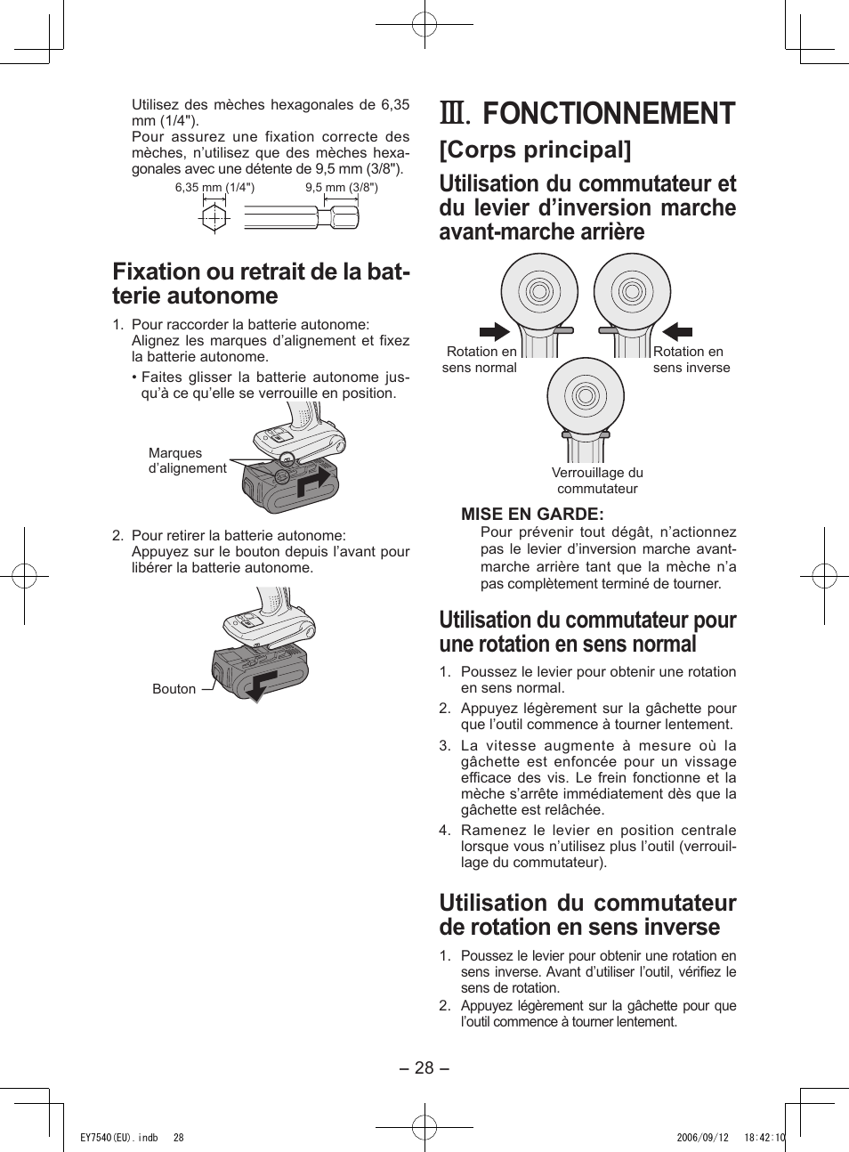 Fonctionnement, Fixation ou retrait de la bat- terie autonome | Panasonic EY7540 User Manual | Page 28 / 136