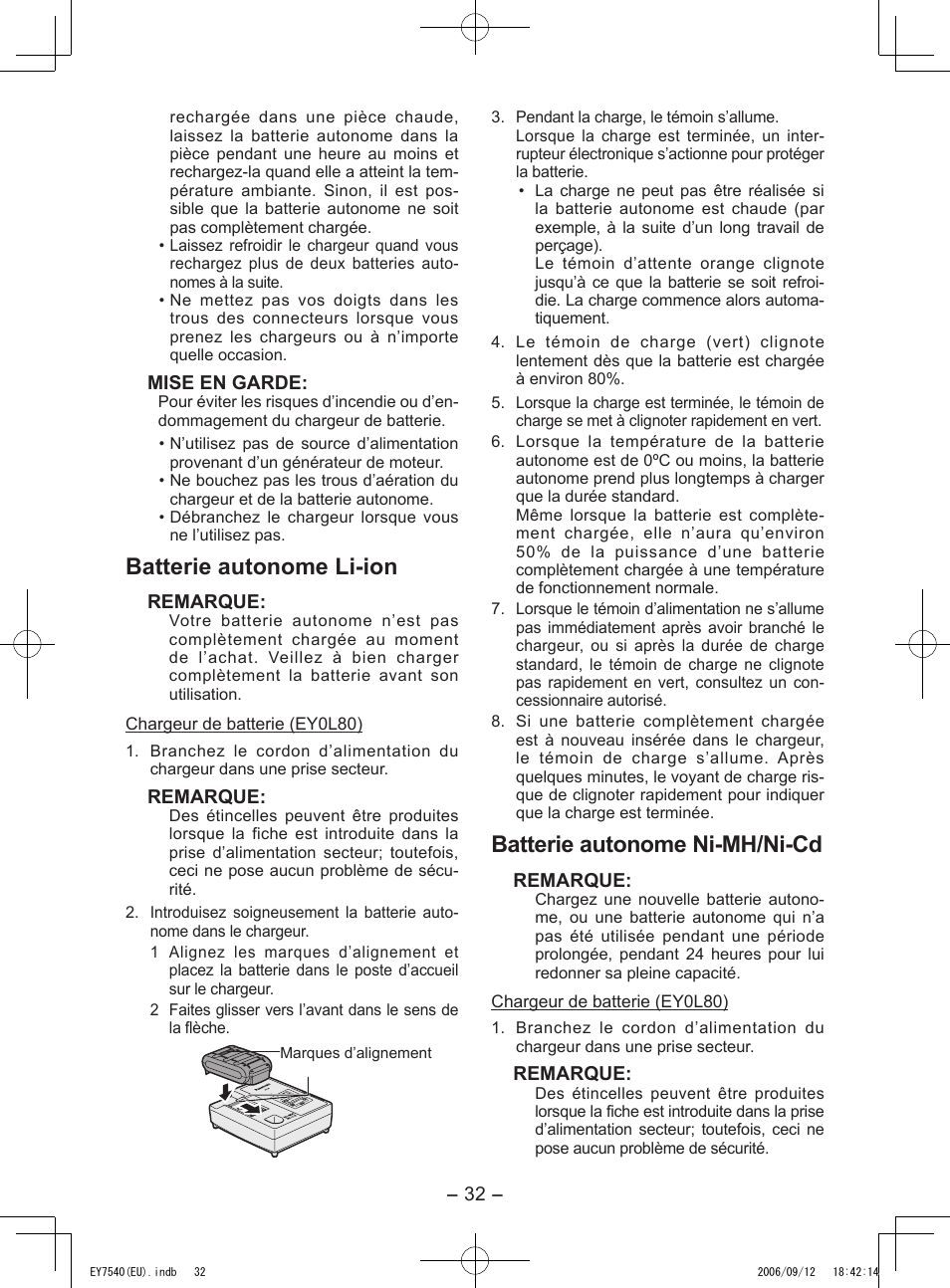 Batterie autonome li-ion, Batterie autonome ni-mh/ni-cd | Panasonic EY7540 User Manual | Page 32 / 136