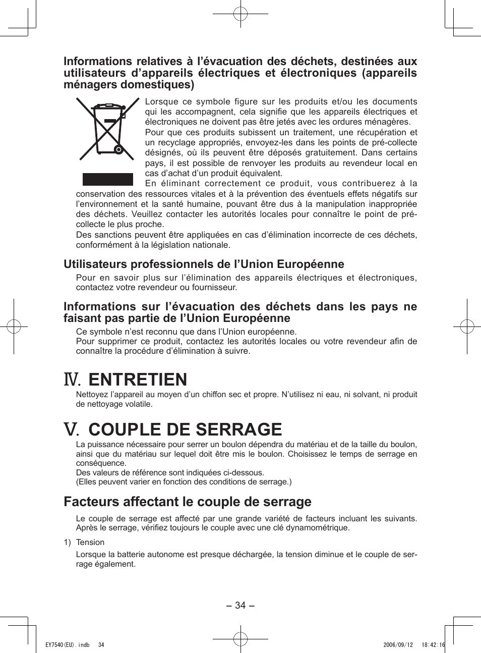 Entretien, Couple de serrage, Facteurs affectant le couple de serrage | Panasonic EY7540 User Manual | Page 34 / 136