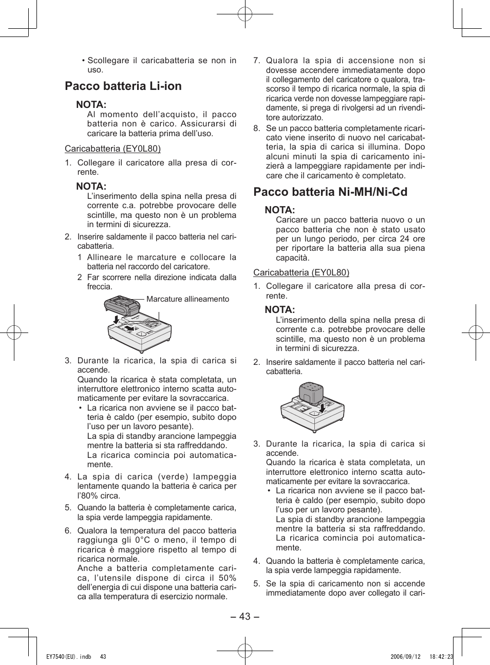 Pacco batteria li-ion, Pacco batteria ni-mh/ni-cd | Panasonic EY7540 User Manual | Page 43 / 136