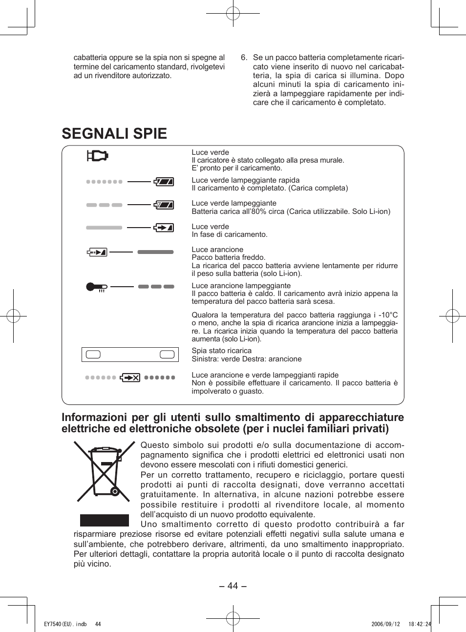 Segnali spie | Panasonic EY7540 User Manual | Page 44 / 136