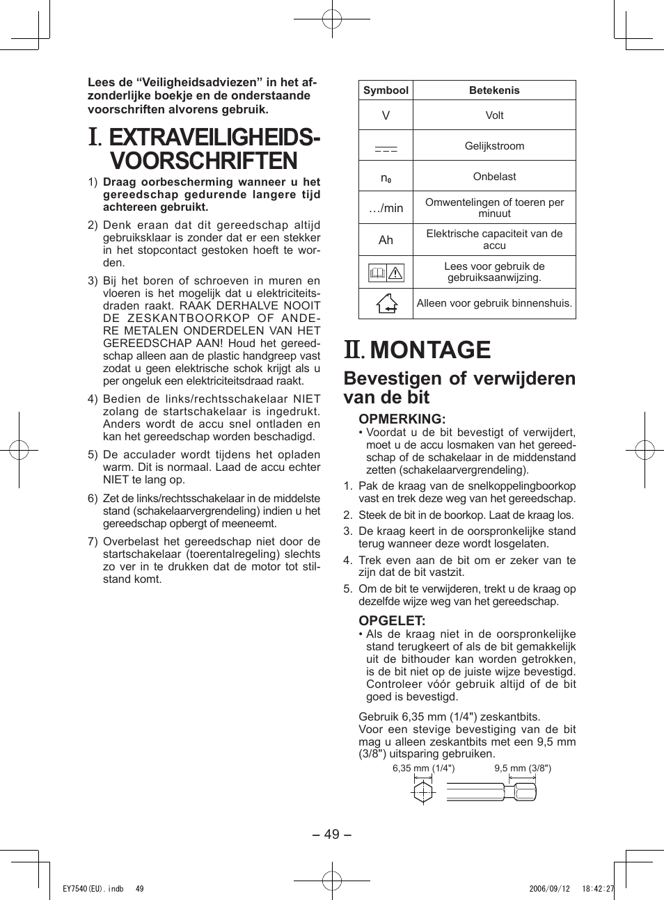 Extra veiligheids- voorschriften, Montage, Bevestigen of verwijderen van de bit | Panasonic EY7540 User Manual | Page 49 / 136