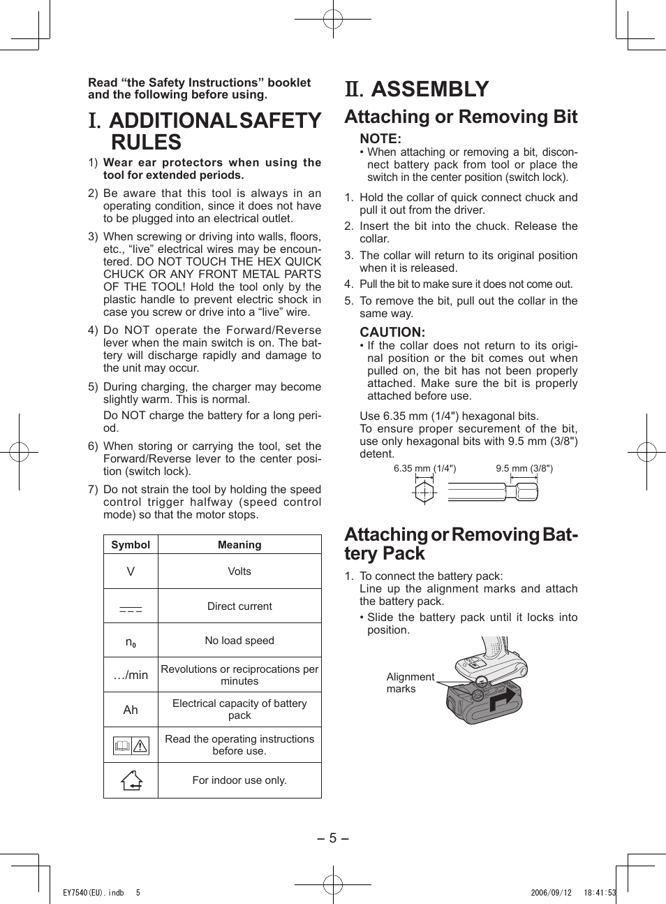 Additional safety rules, Assembly, Attaching or removing bit | Attaching or removing bat- tery pack | Panasonic EY7540 User Manual | Page 5 / 136