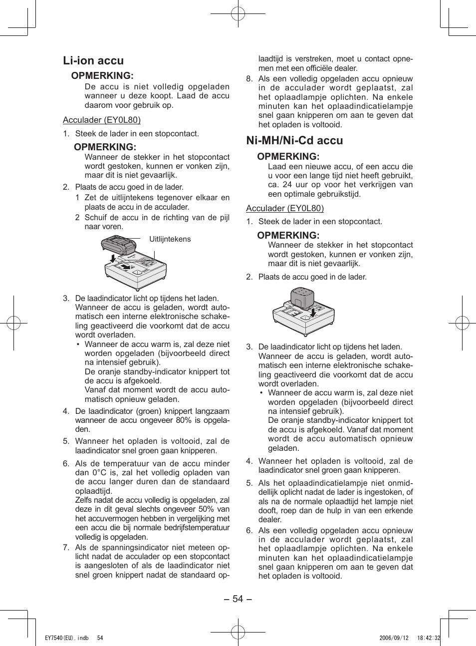 Li-ion accu, Ni-mh/ni-cd accu | Panasonic EY7540 User Manual | Page 54 / 136