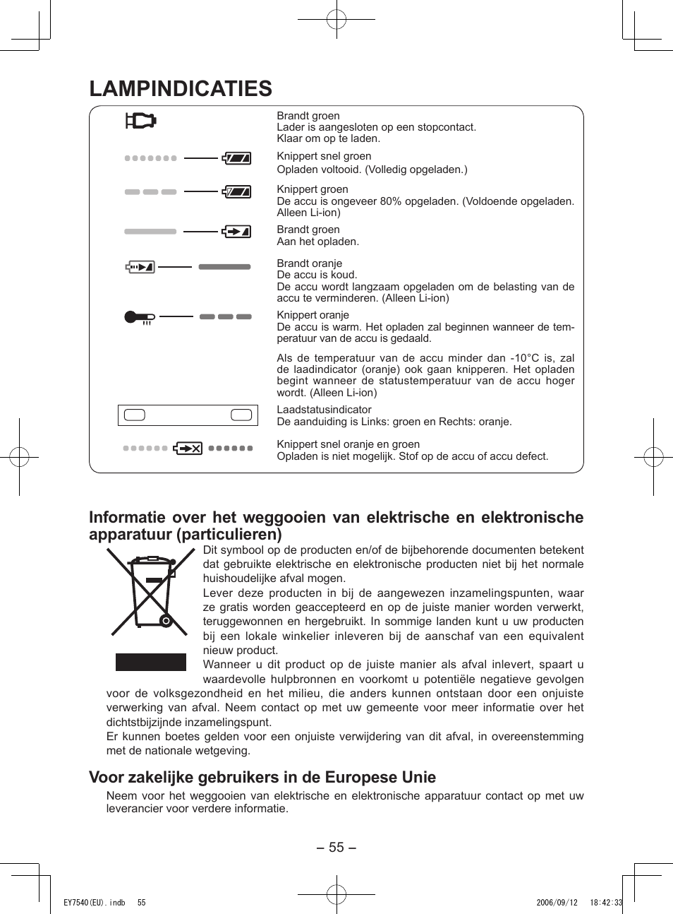 Lampindicaties, Voor zakelijke gebruikers in de europese unie | Panasonic EY7540 User Manual | Page 55 / 136