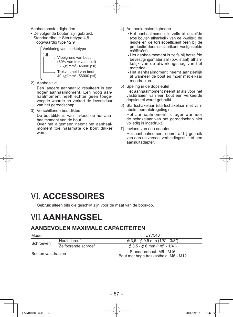 Accessoires, Aanhangsel, Aanbevolen maximale capaciteiten | Panasonic EY7540 User Manual | Page 57 / 136