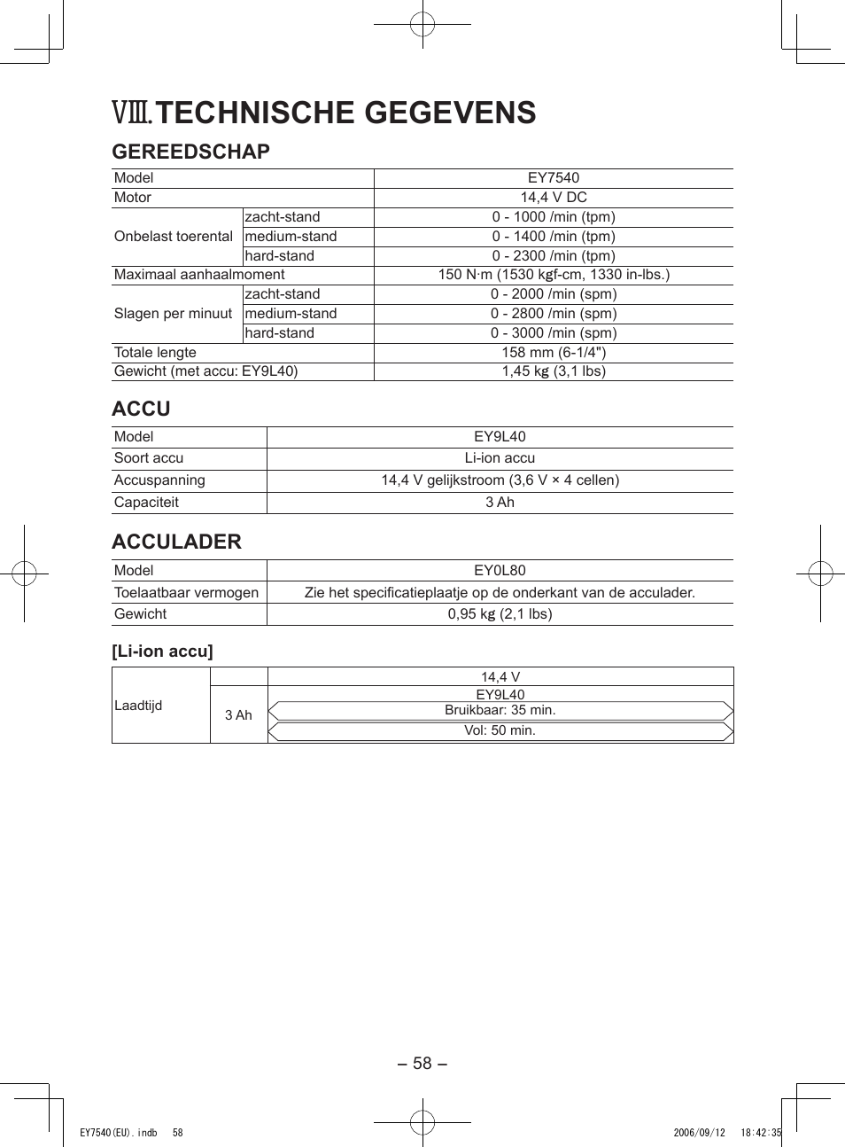 Viii, Technische gegevens, Gereedschap | Accu, Acculader | Panasonic EY7540 User Manual | Page 58 / 136