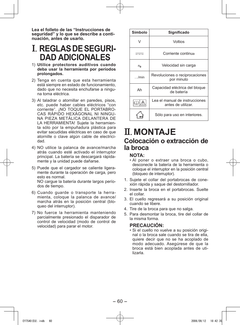 Reglas de seguri- dad adicionales, Montaje, Colocación o extracción de la broca | Panasonic EY7540 User Manual | Page 60 / 136