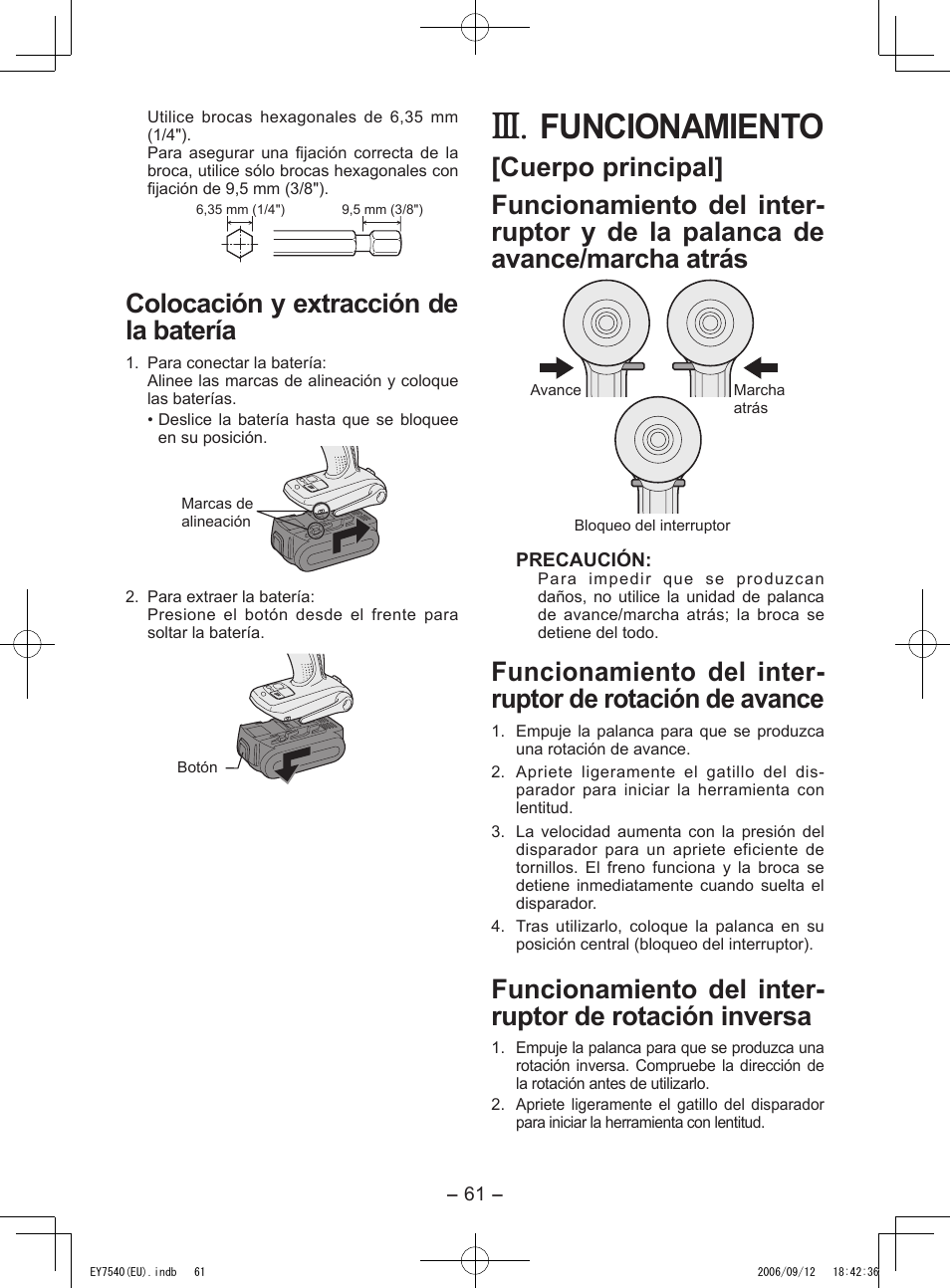 Funcionamiento, Colocación y extracción de la batería | Panasonic EY7540 User Manual | Page 61 / 136