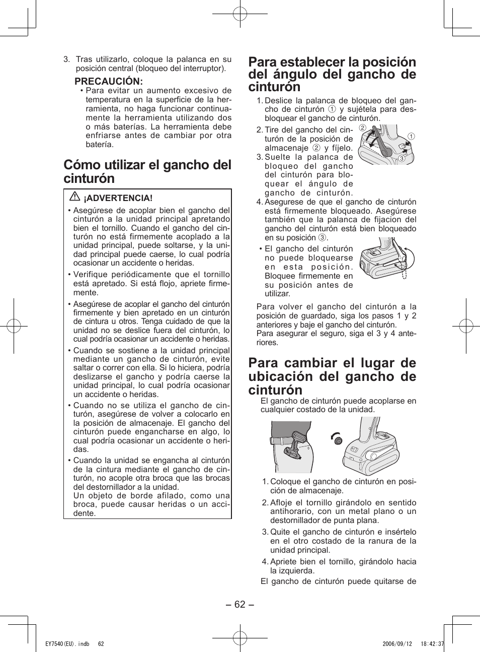 Cómo utilizar el gancho del cinturón | Panasonic EY7540 User Manual | Page 62 / 136