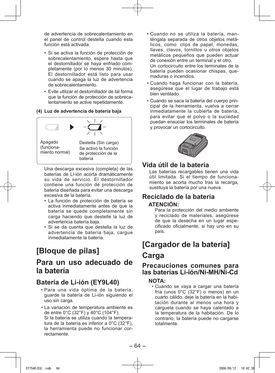 Cargador de la batería] carga, Batería de li-ión (ey9l40), Vida útil de la batería | Reciclado de la batería | Panasonic EY7540 User Manual | Page 64 / 136