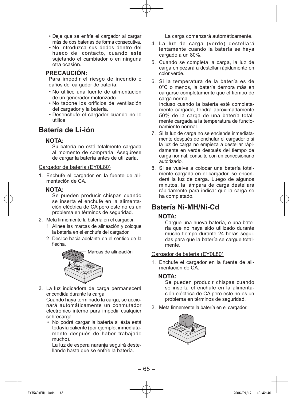 Batería de li-ión, Batería ni-mh/ni-cd | Panasonic EY7540 User Manual | Page 65 / 136