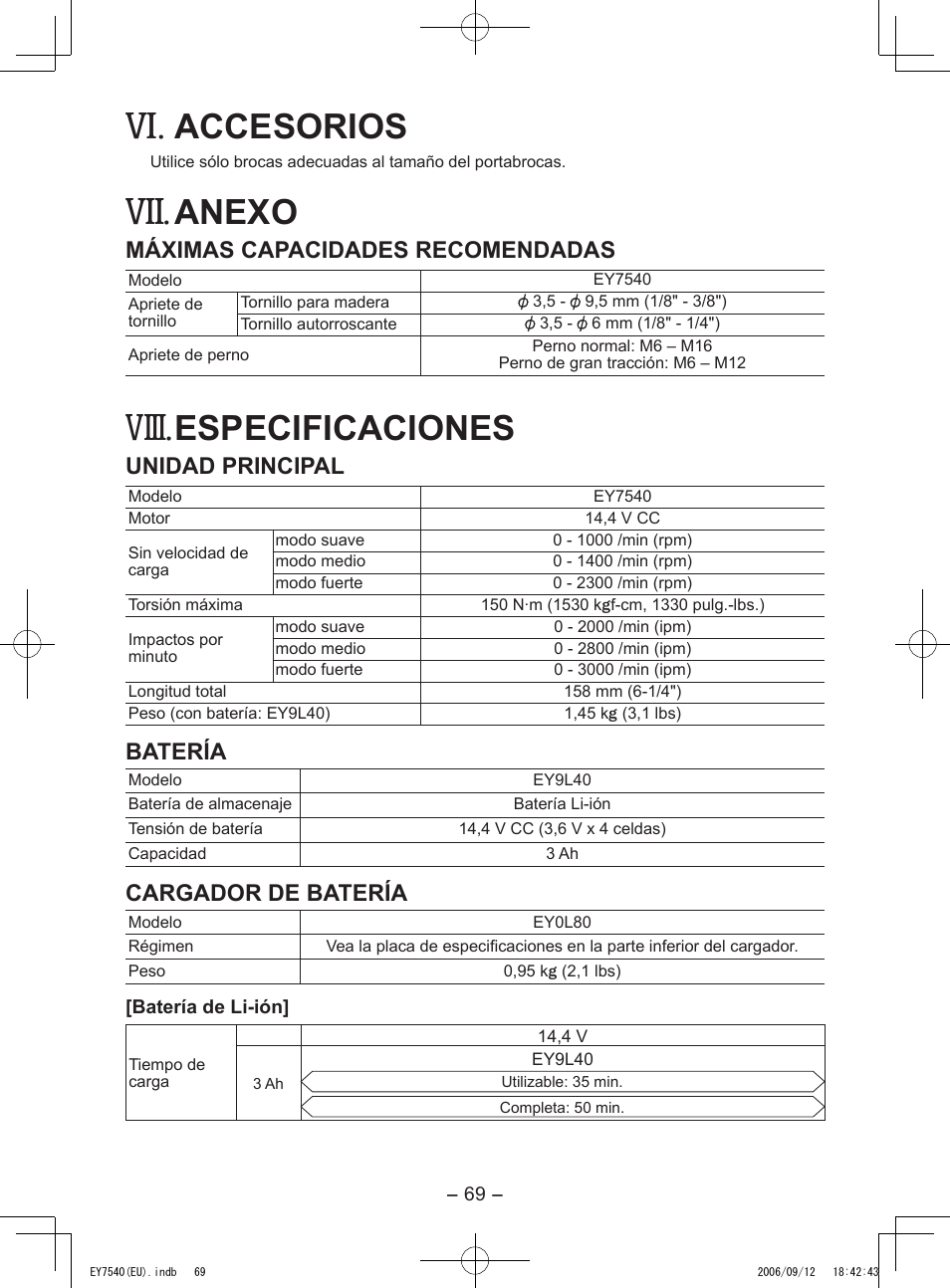 Viii, Accesorios, Anexo | Especificaciones, Máximas capacidades recomendadas, Unidad principal, Batería, Cargador de batería | Panasonic EY7540 User Manual | Page 69 / 136