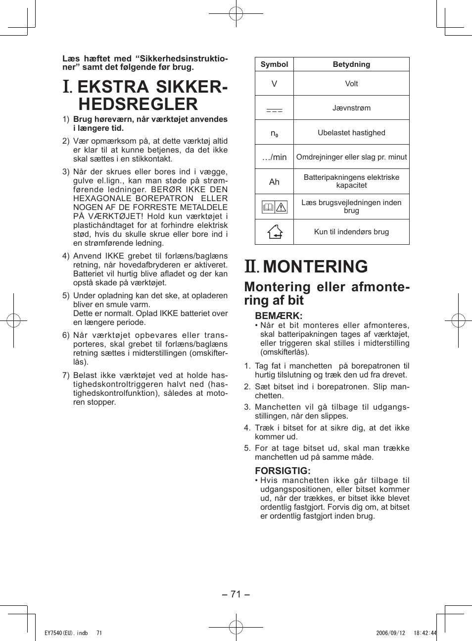 Ekstra sikker- hedsregler, Montering, Montering eller afmonte- ring af bit | Panasonic EY7540 User Manual | Page 71 / 136