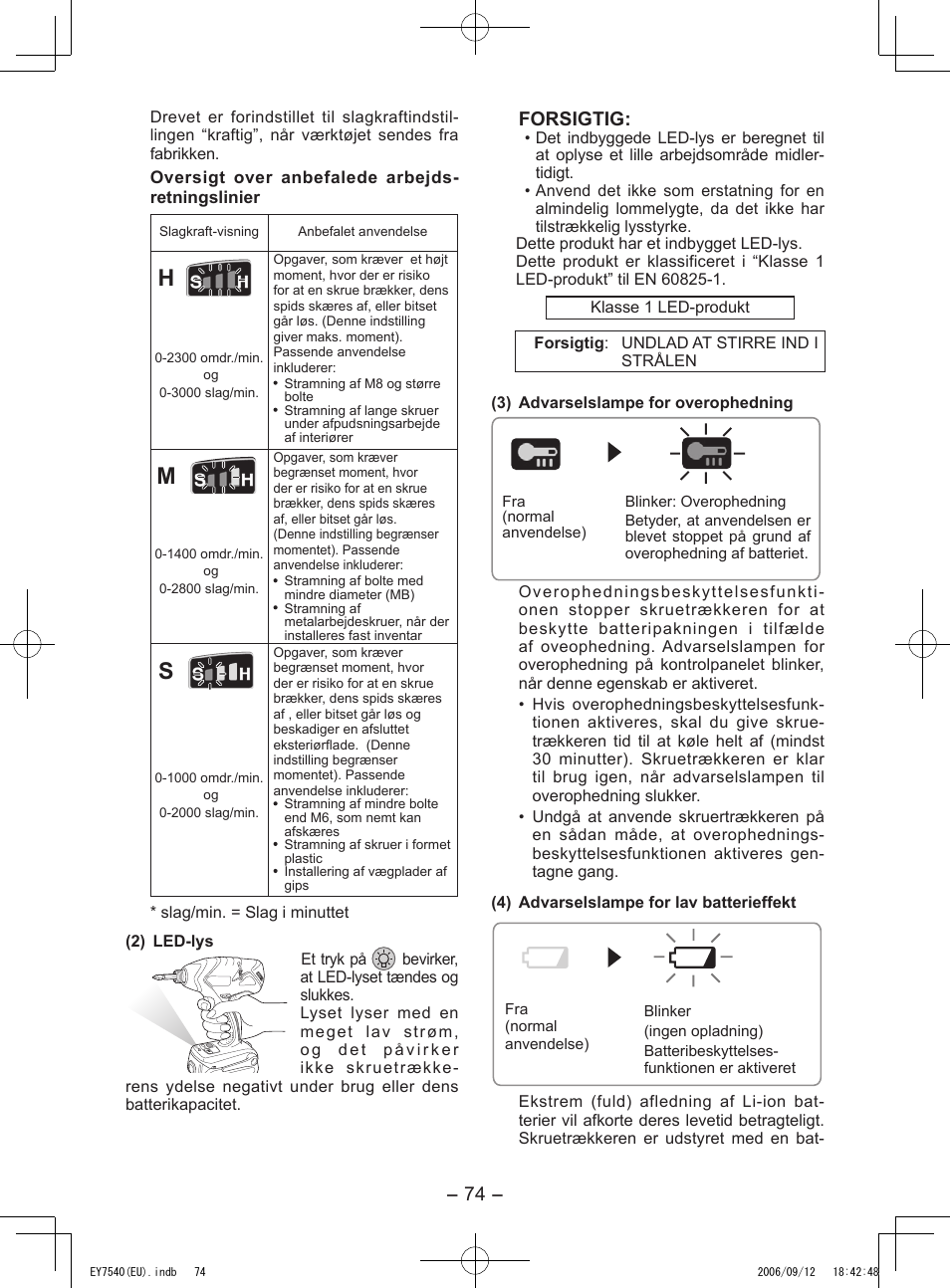 Forsigtig | Panasonic EY7540 User Manual | Page 74 / 136