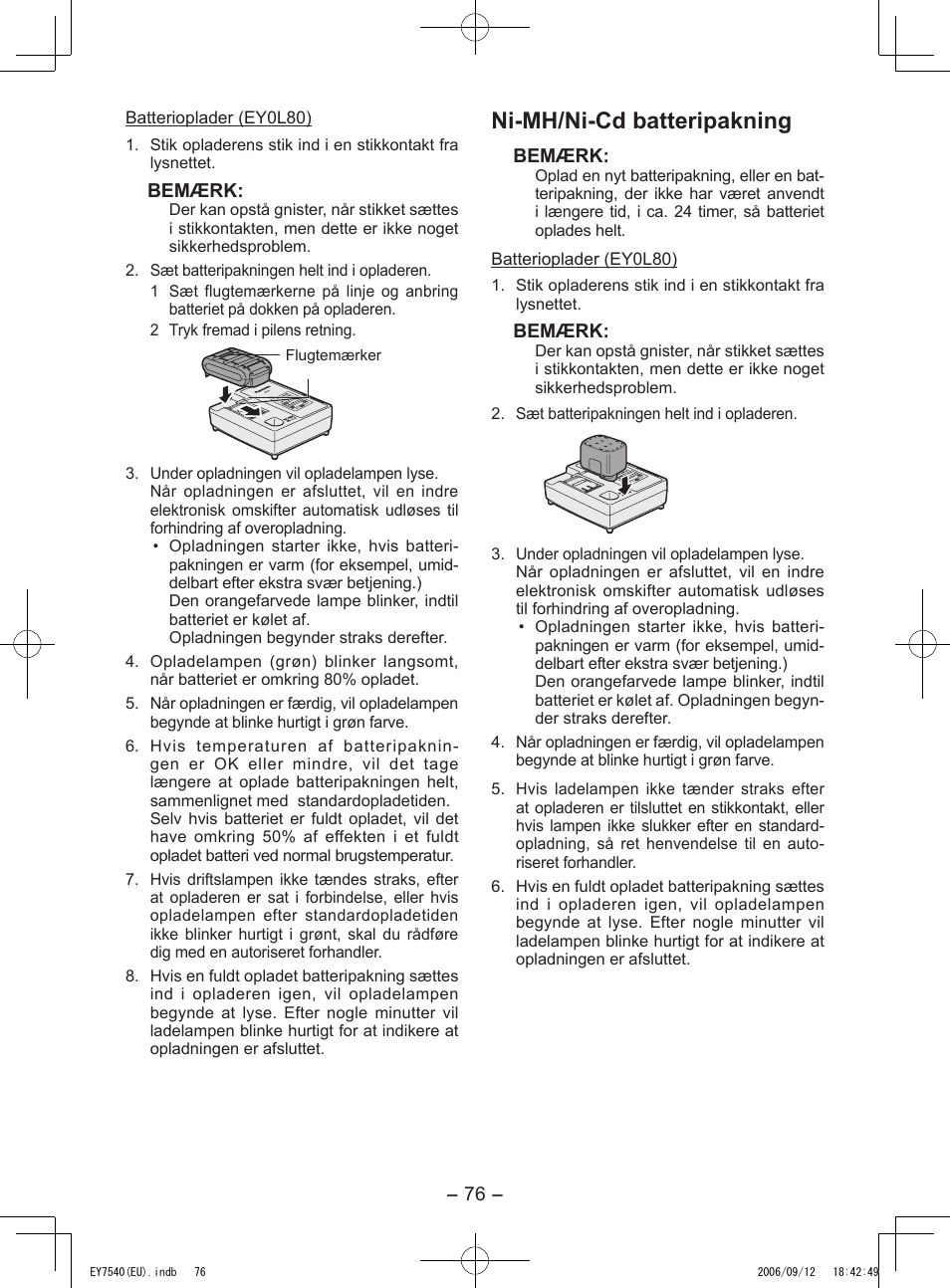 Ni-mh/ni-cd batteripakning | Panasonic EY7540 User Manual | Page 76 / 136