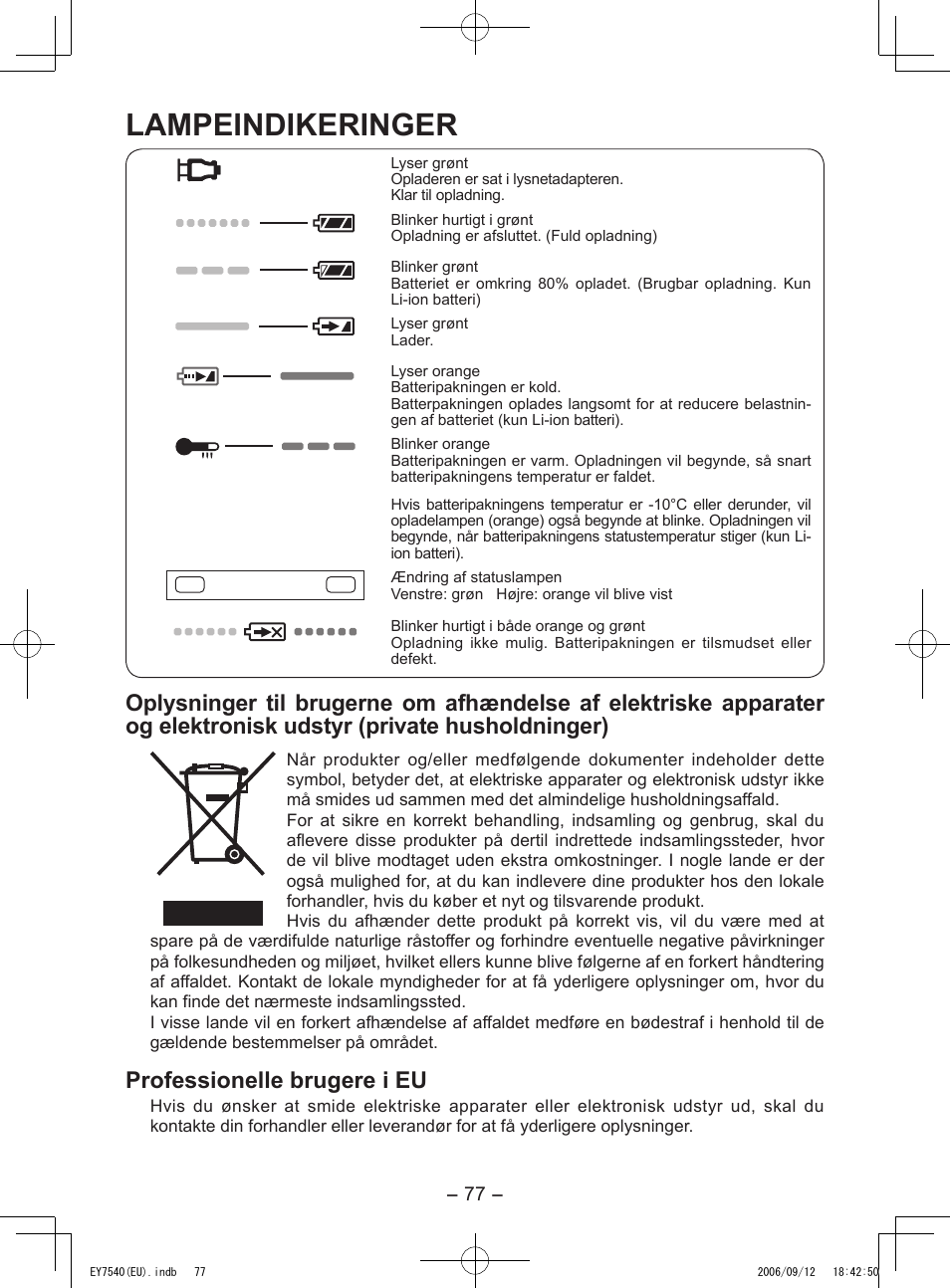 Lampeindikeringer, Professionelle brugere i eu | Panasonic EY7540 User Manual | Page 77 / 136