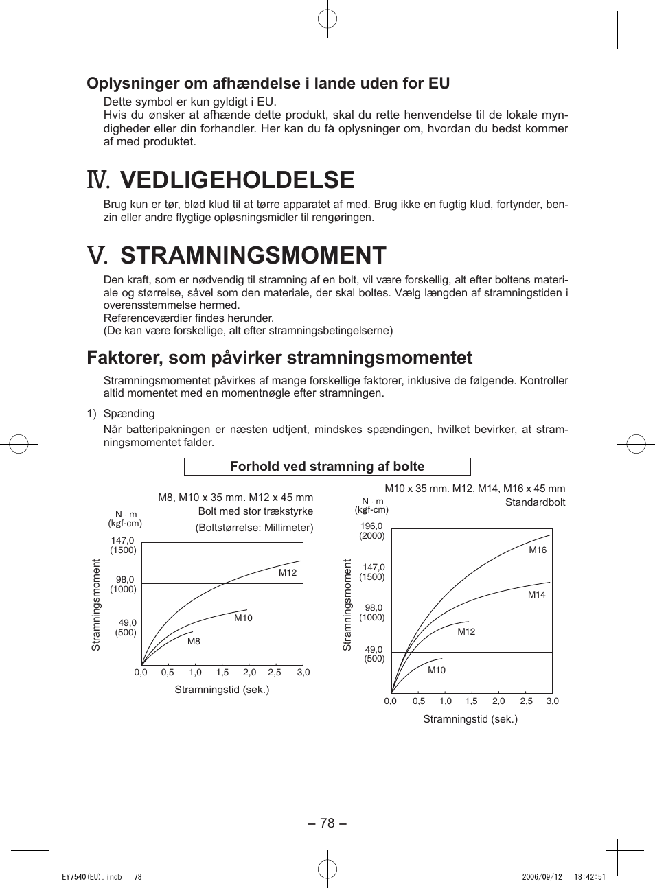 Vedligeholdelse, Stramningsmoment, Faktorer, som påvirker stramningsmomentet | Oplysninger om afhændelse i lande uden for eu | Panasonic EY7540 User Manual | Page 78 / 136