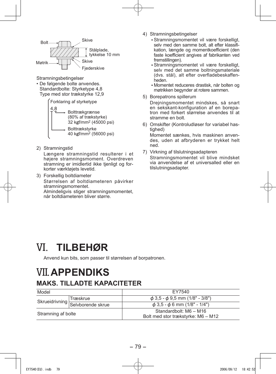 Tilbehør, Appendiks, Maks. tilladte kapaciteter | Panasonic EY7540 User Manual | Page 79 / 136