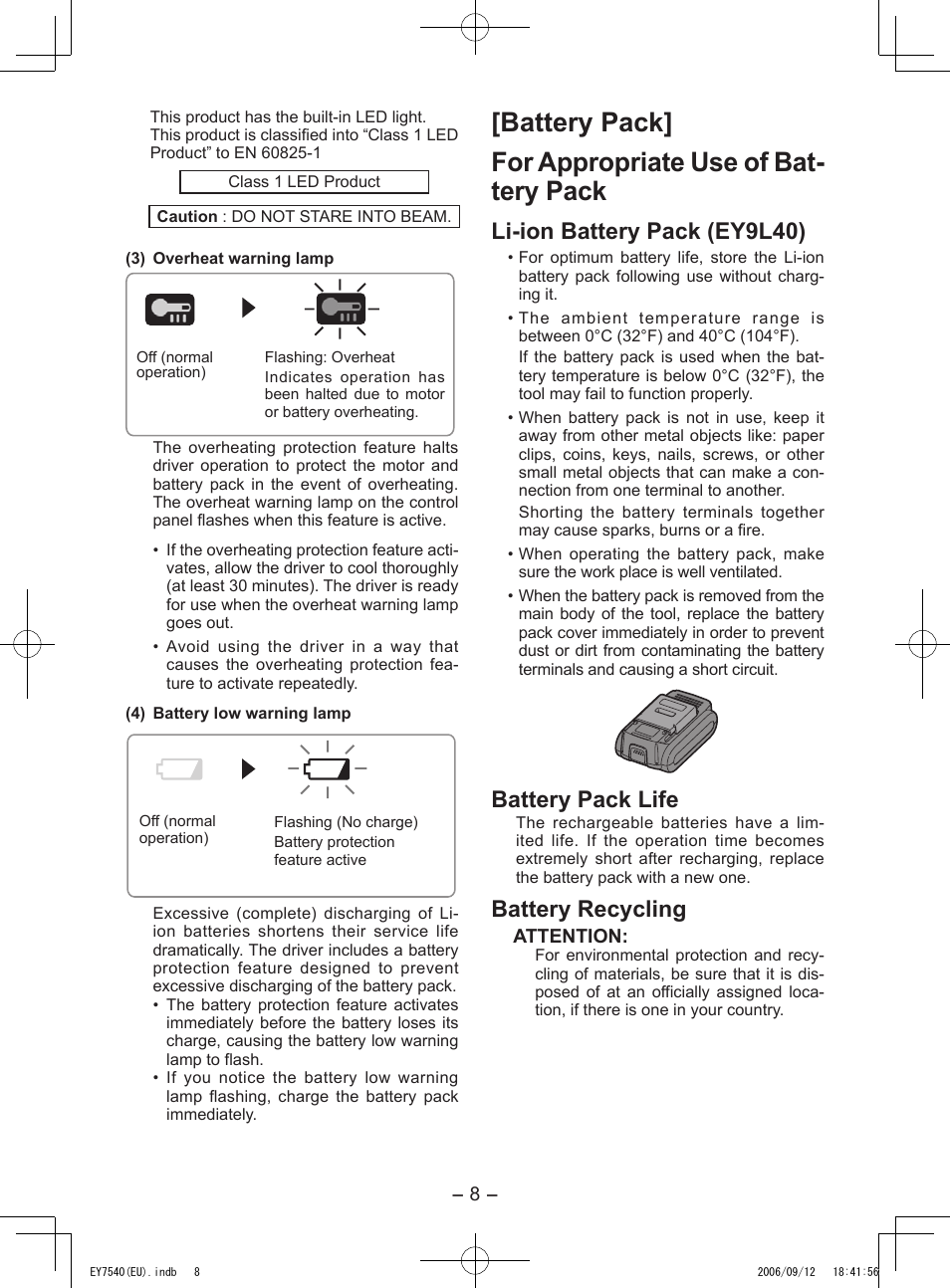 Li-ion battery pack (ey9l40), Battery pack life, Battery recycling | Panasonic EY7540 User Manual | Page 8 / 136