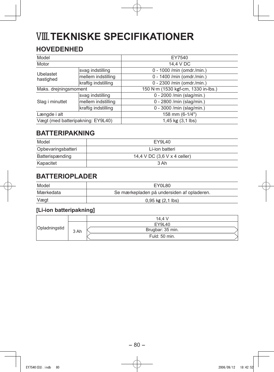 Viii, Tekniske specifikationer, Hovedenhed | Batteripakning, Batterioplader | Panasonic EY7540 User Manual | Page 80 / 136