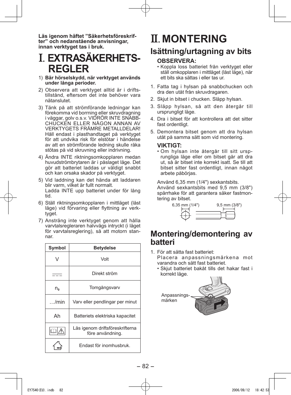 Extra säkerhets- regler, Montering, Isättning/urtagning av bits | Montering/demontering av batteri | Panasonic EY7540 User Manual | Page 82 / 136