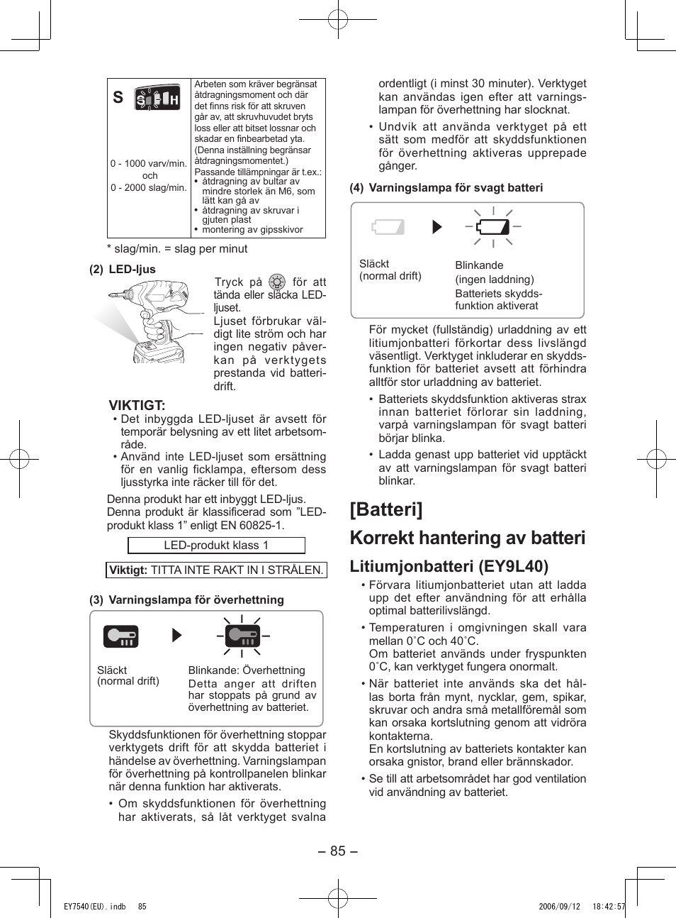 Batteri] korrekt hantering av batteri, Litiumjonbatteri (ey9l40) | Panasonic EY7540 User Manual | Page 85 / 136