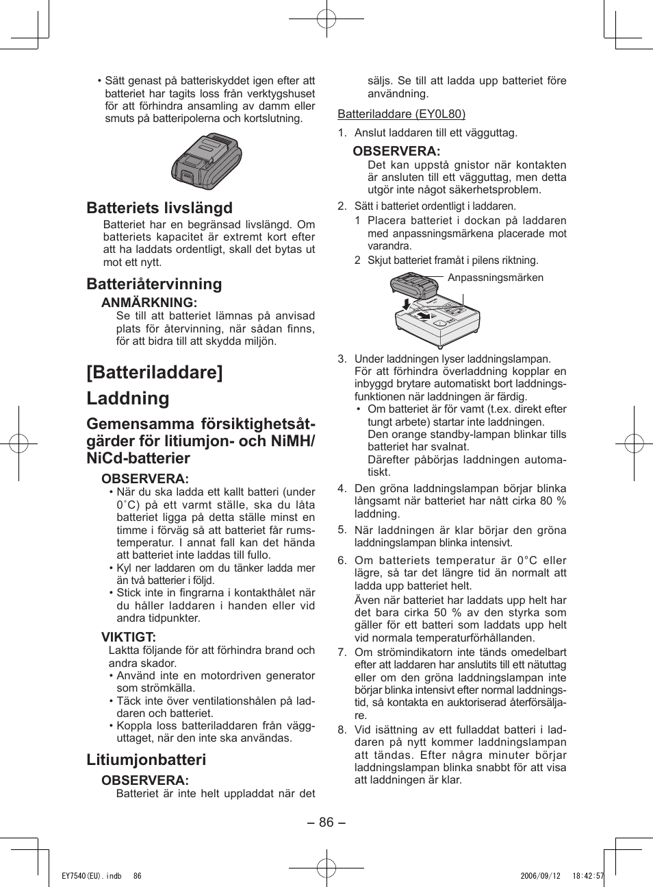 Batteriladdare] laddning, Batteriets livslängd, Batteriåtervinning | Litiumjonbatteri | Panasonic EY7540 User Manual | Page 86 / 136