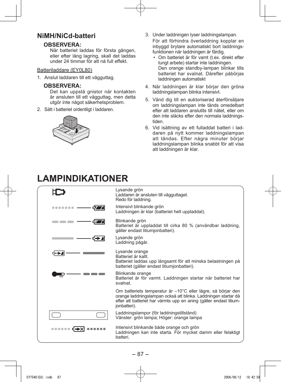 Lampindikationer, Nimh/nicd-batteri | Panasonic EY7540 User Manual | Page 87 / 136