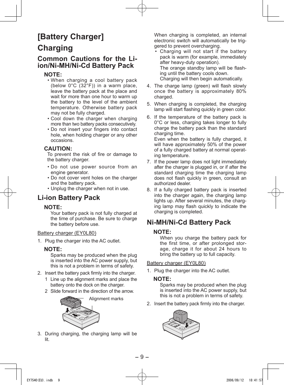 Battery charger] charging, Li-ion battery pack, Ni-mh/ni-cd battery pack | Panasonic EY7540 User Manual | Page 9 / 136