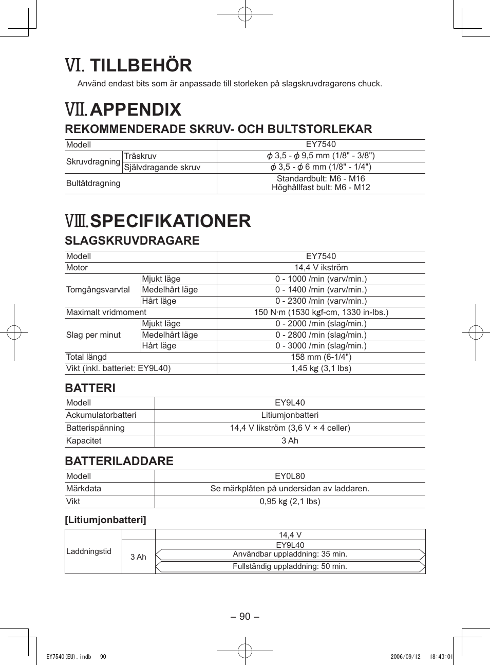 Viii, Tillbehör, Appendix | Specifikationer, Rekommenderade skruv- och bultstorlekar, Slagskruvdragare, Batteri, Batteriladdare | Panasonic EY7540 User Manual | Page 90 / 136