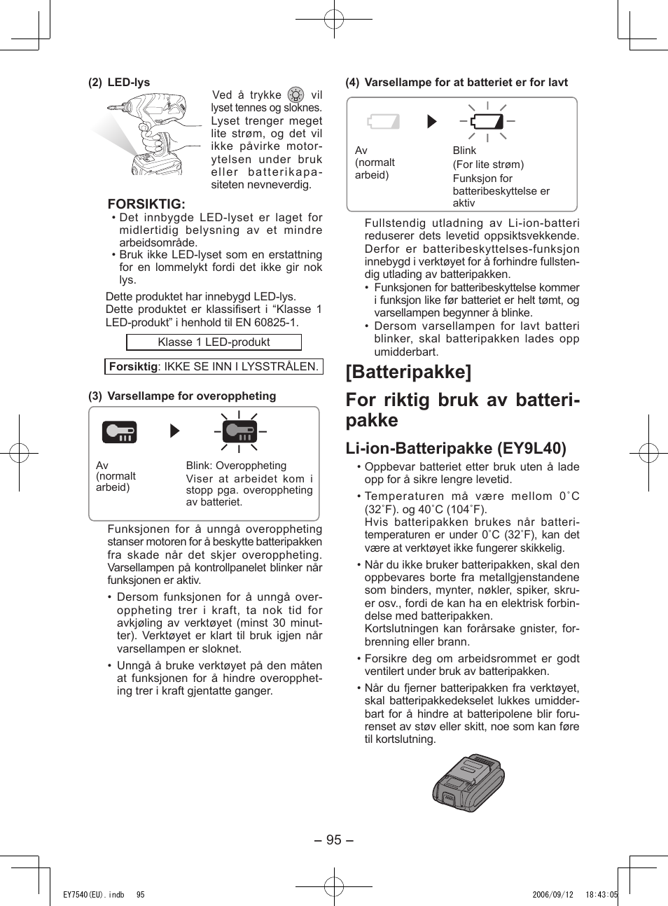 Batteripakke] for riktig bruk av batteri- pakke, Li-ion-batteripakke (ey9l40) | Panasonic EY7540 User Manual | Page 95 / 136