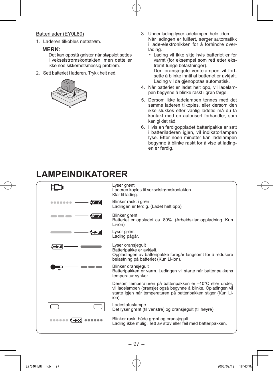 Lampeindikatorer | Panasonic EY7540 User Manual | Page 97 / 136