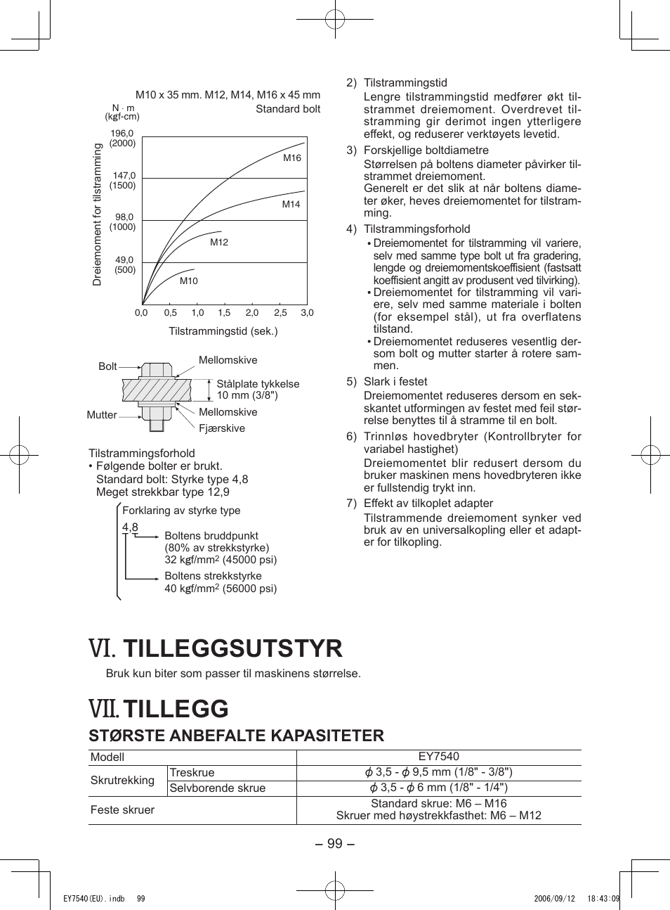 Tilleggsutstyr, Tillegg, Største anbefalte kapasiteter | Panasonic EY7540 User Manual | Page 99 / 136