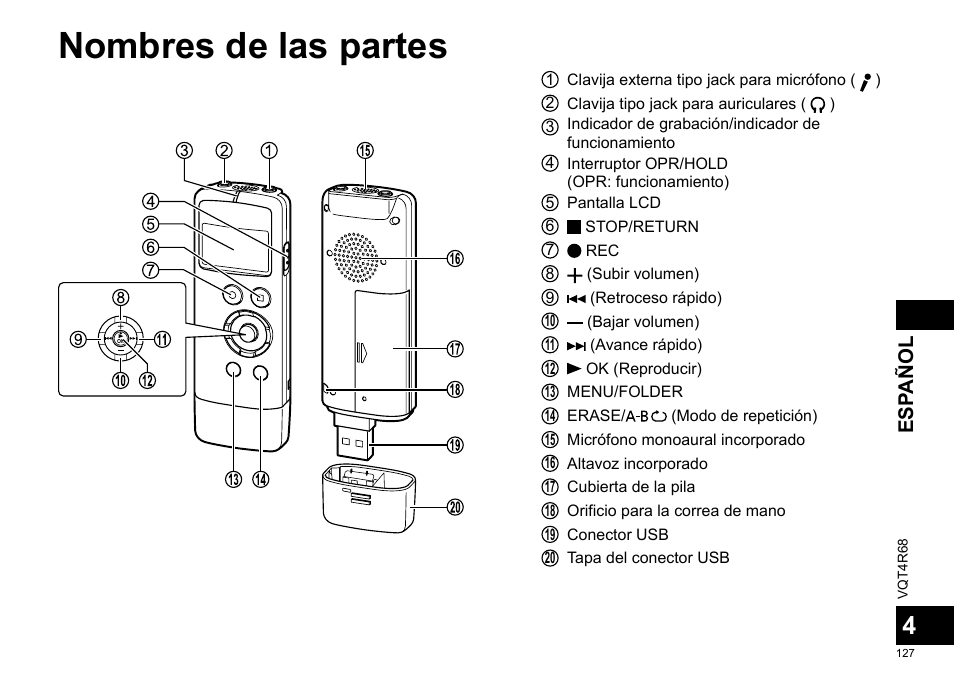 Nombres de las partes, Esp añol | Panasonic RRUS310E User Manual | Page 127 / 293
