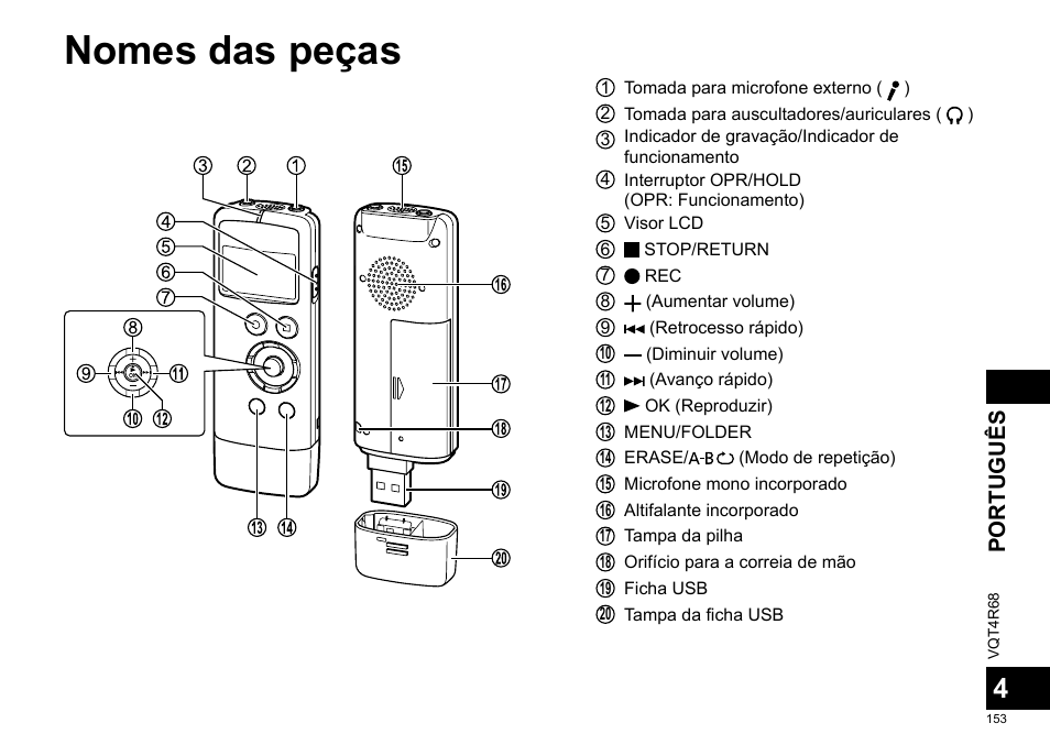 Nomes das peças, Português | Panasonic RRUS310E User Manual | Page 153 / 293