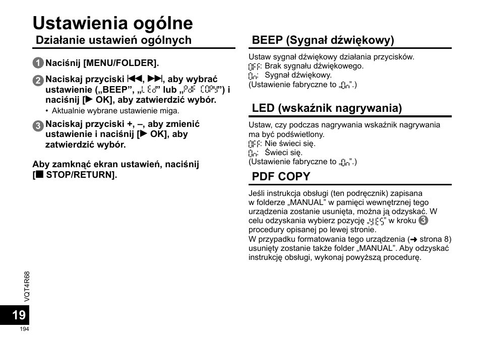 Ustawienia ogólne, Działanie ustawień ogólnych, Beep (sygnał dźwiękowy) | Led (wskaźnik nagrywania), Pdf copy | Panasonic RRUS310E User Manual | Page 194 / 293